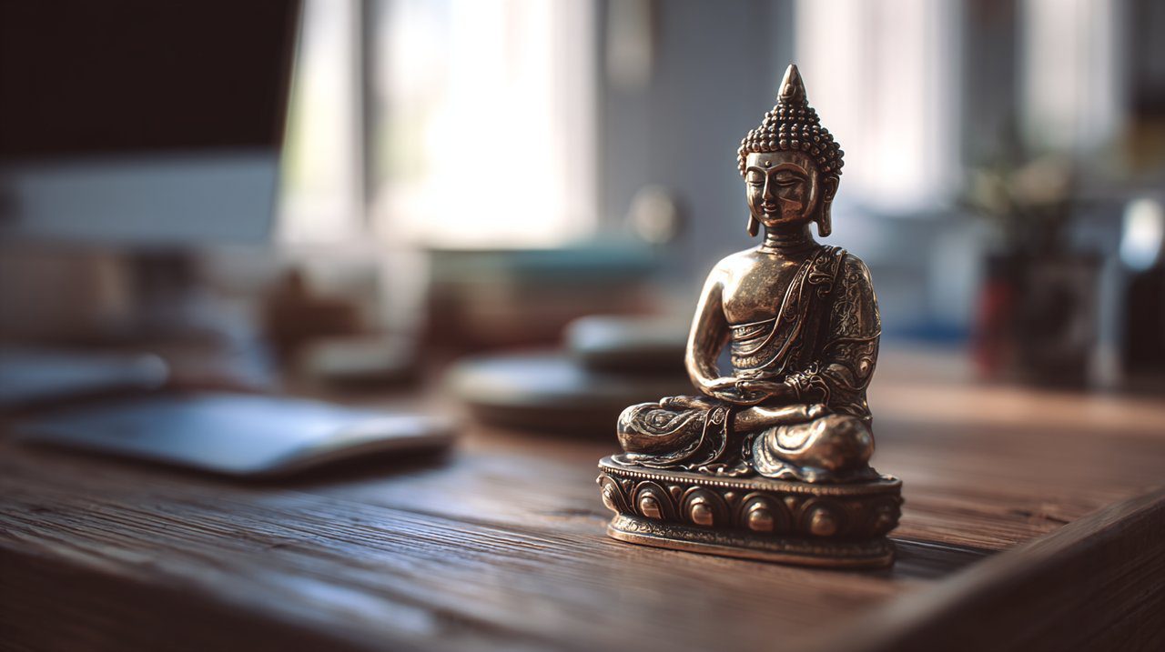 A small Buddha statue placed on a modern desk with natural light.