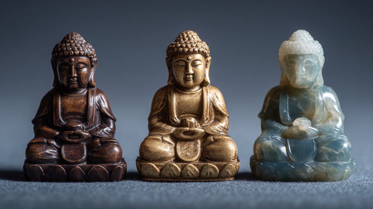 Various miniature Buddha statues made from different materials like wood, metal, and stone.