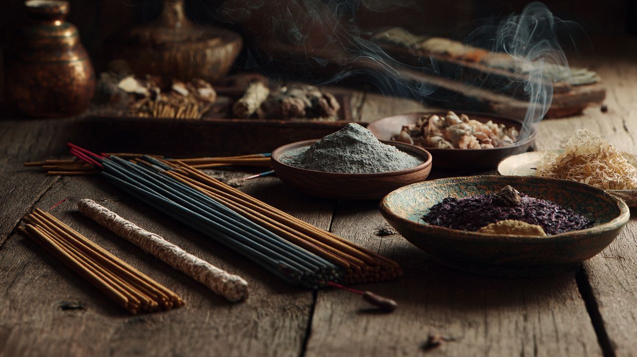 An assortment of traditional Tibetan incense sticks and powders on a wooden surface, with wisps of smoke.