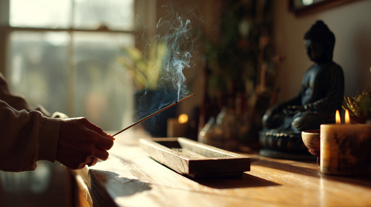 A person's hands lighting an incense stick on a home altar, creating a serene atmosphere for meditation.