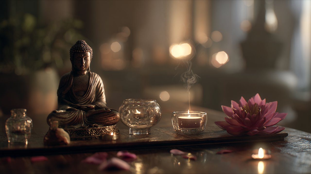 A serene Buddhist home altar with offerings and incense.