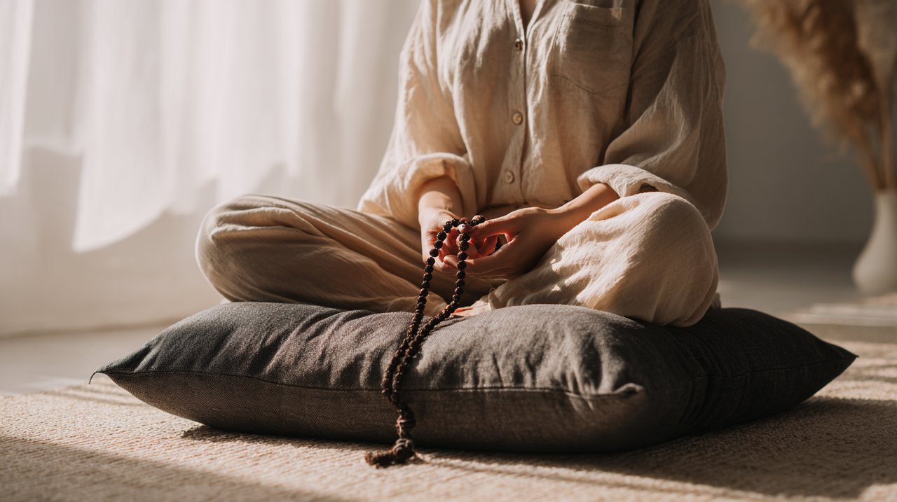Person meditating on a cushion, using mala beads for practice.