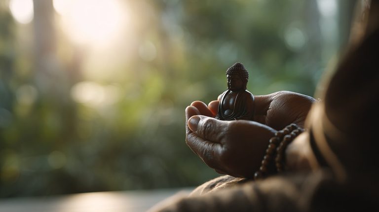 Hands gently holding a small Buddha statue, symbolizing a spiritual anchor.