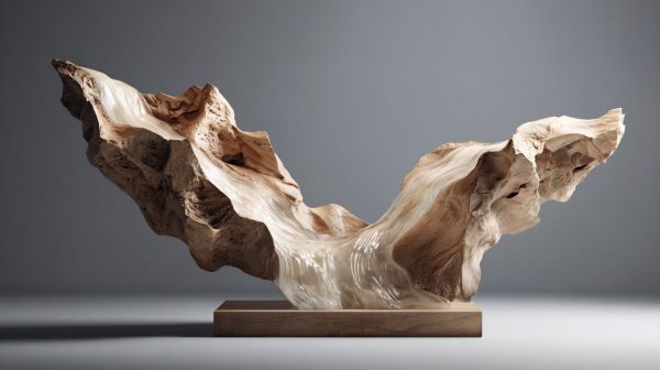 A hand-carved wooden sculpture depicting a serene stream.