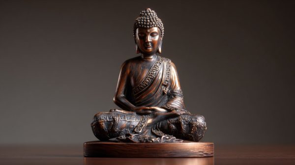 Una serena estatua de Buda en Dhyanasana, simbolizando meditación y serenidad.