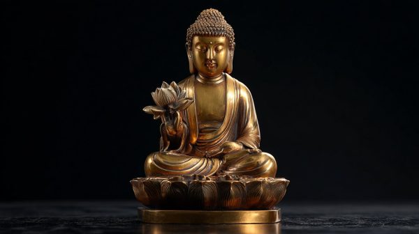 Una estatua de Buda adornada con atributos simbólicos como una flor de loto y una urna.