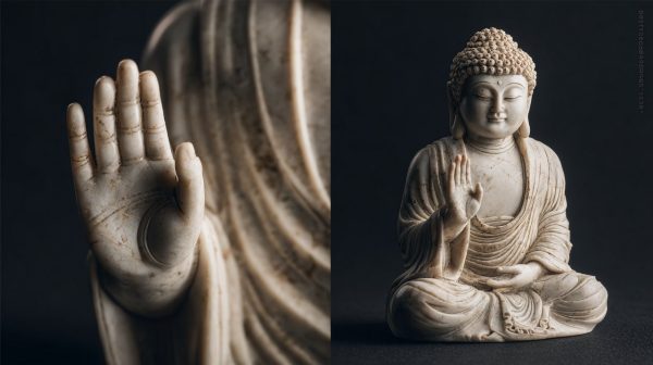 Una escultura de Buda mostrando el Bhumisparsha Mudra, simbolizando la iluminación.