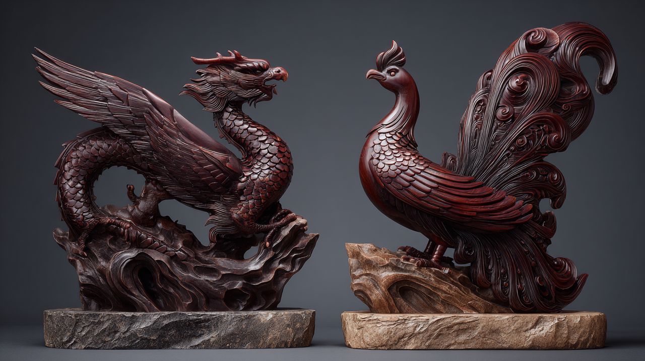 Estatuillas de Dragón y Fénix intrincadamente talladas.