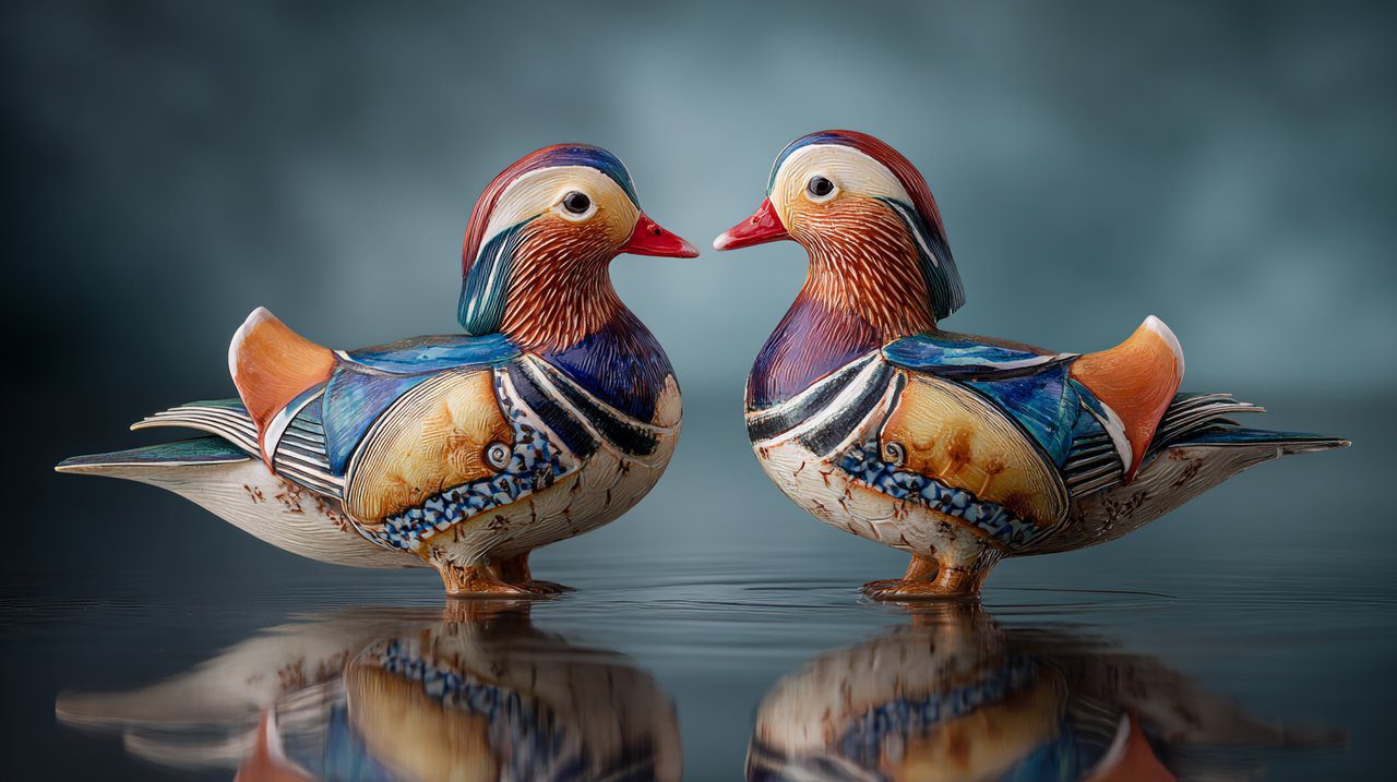 Un par de figurillas de patos mandarín de cerámica.