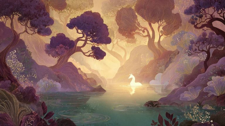 A serene and mystical landscape featuring a calm, reflective pool of water that reveals a glowing, abstract silhouette of a Chinese zodiac animal. Surrounded by organic, ancient flora, the image symbolizes self-discovery and connection to timeless Eastern wisdom.