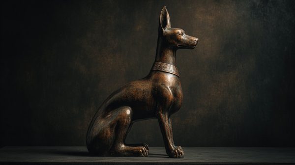 Elegante escultura de bronce de un Perro del Zodíaco Chino con una presencia vigilante.