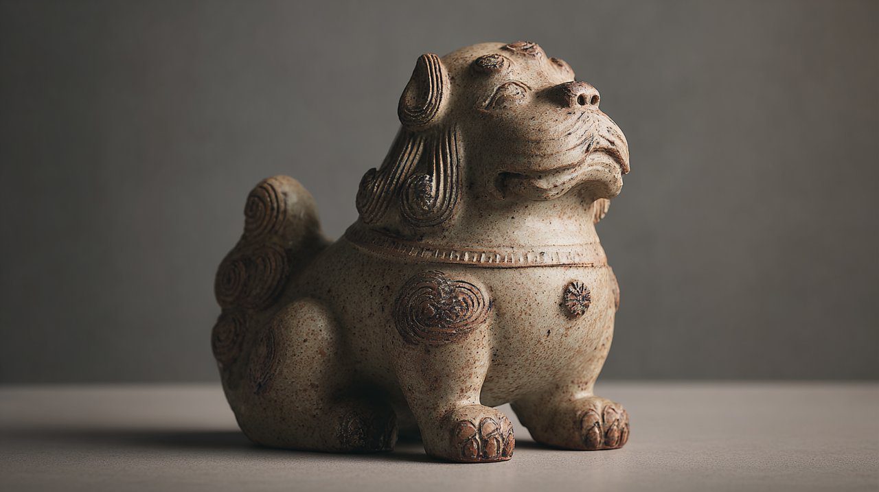 Exquisitely crafted ceramic statuette of a Chinese Zodiac Dog.