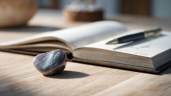 Small polished Cinnabarite stone on a wooden desk next to a journal.