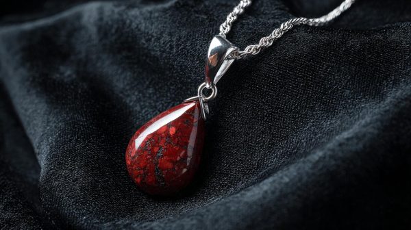 Cinnabarite pendant necklace on a velvet cushion.
