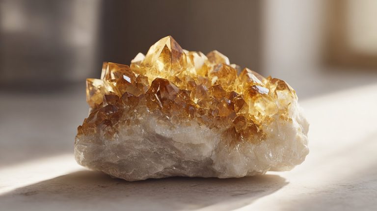 A raw, unpolished citrine crystal cluster.