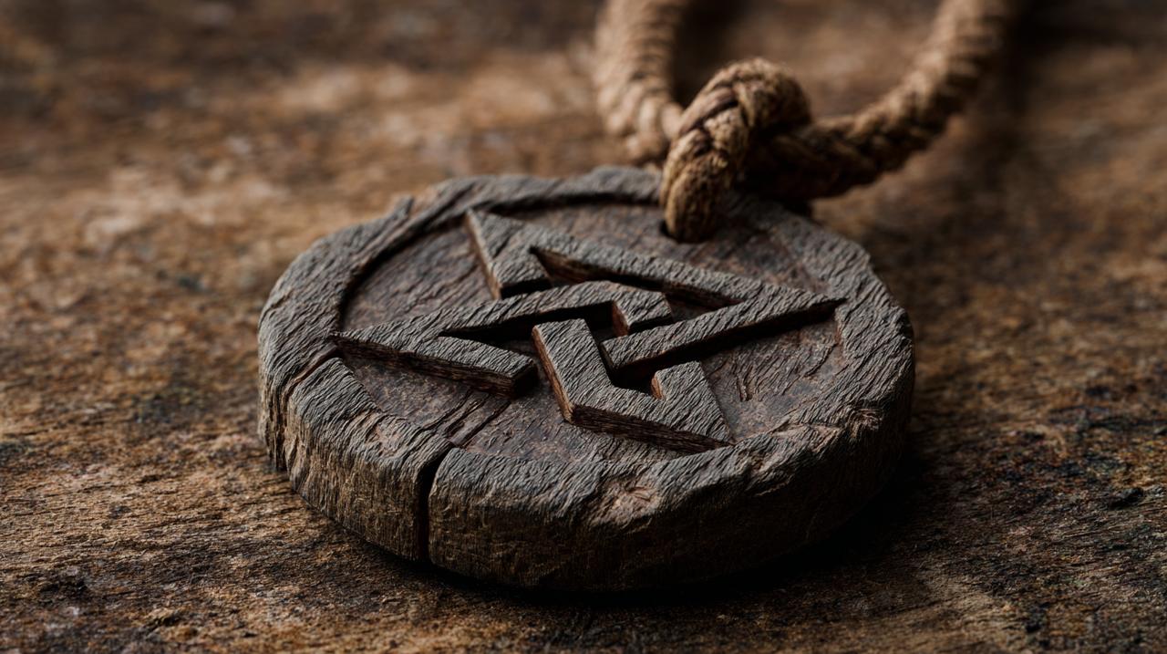 Fotografía de producto de un amuleto de madera antiguo, tallado a mano, que posiblemente representa un símbolo protector, descansando sobre una superficie rústica y texturizada.