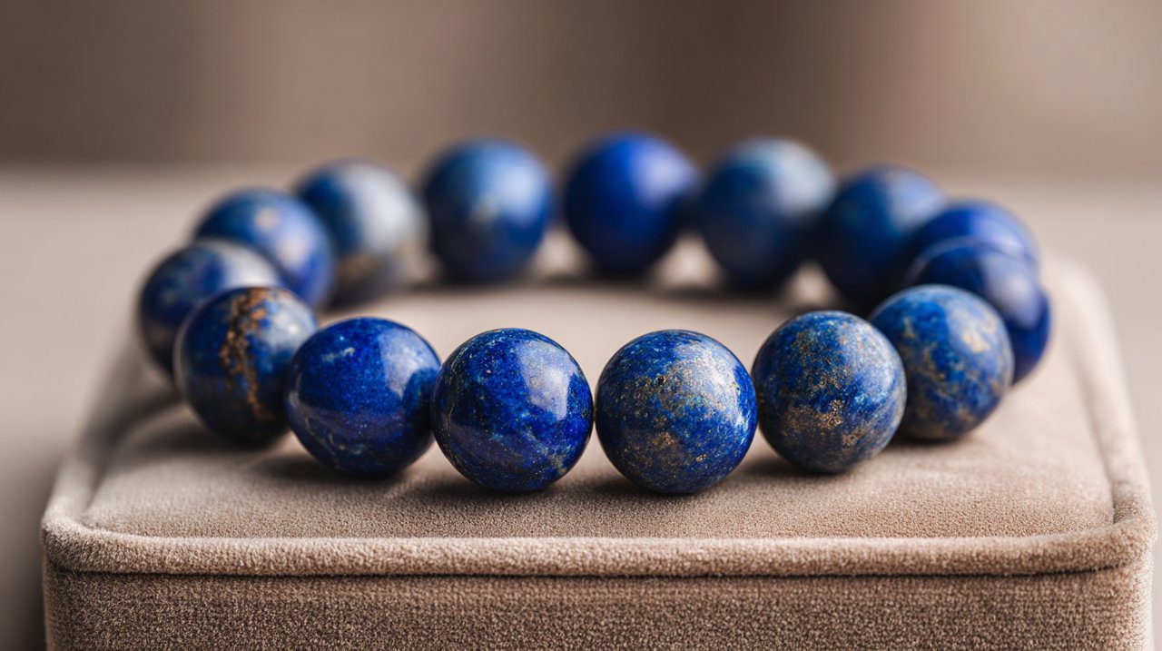 Fotografía de producto de una hermosa pulsera hecha de tranquilas piedras de lapislázuli azul, exhibida sobre un cojín de terciopelo suave.