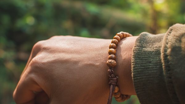 Una única y preciada pulsera budista de hilo usada en una muñeca, representando intención personal y protección.