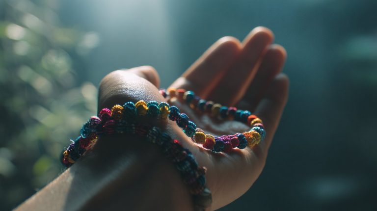 A hand wearing a colorful Buddhist string bracelet, symbolizing intention and mindfulness.