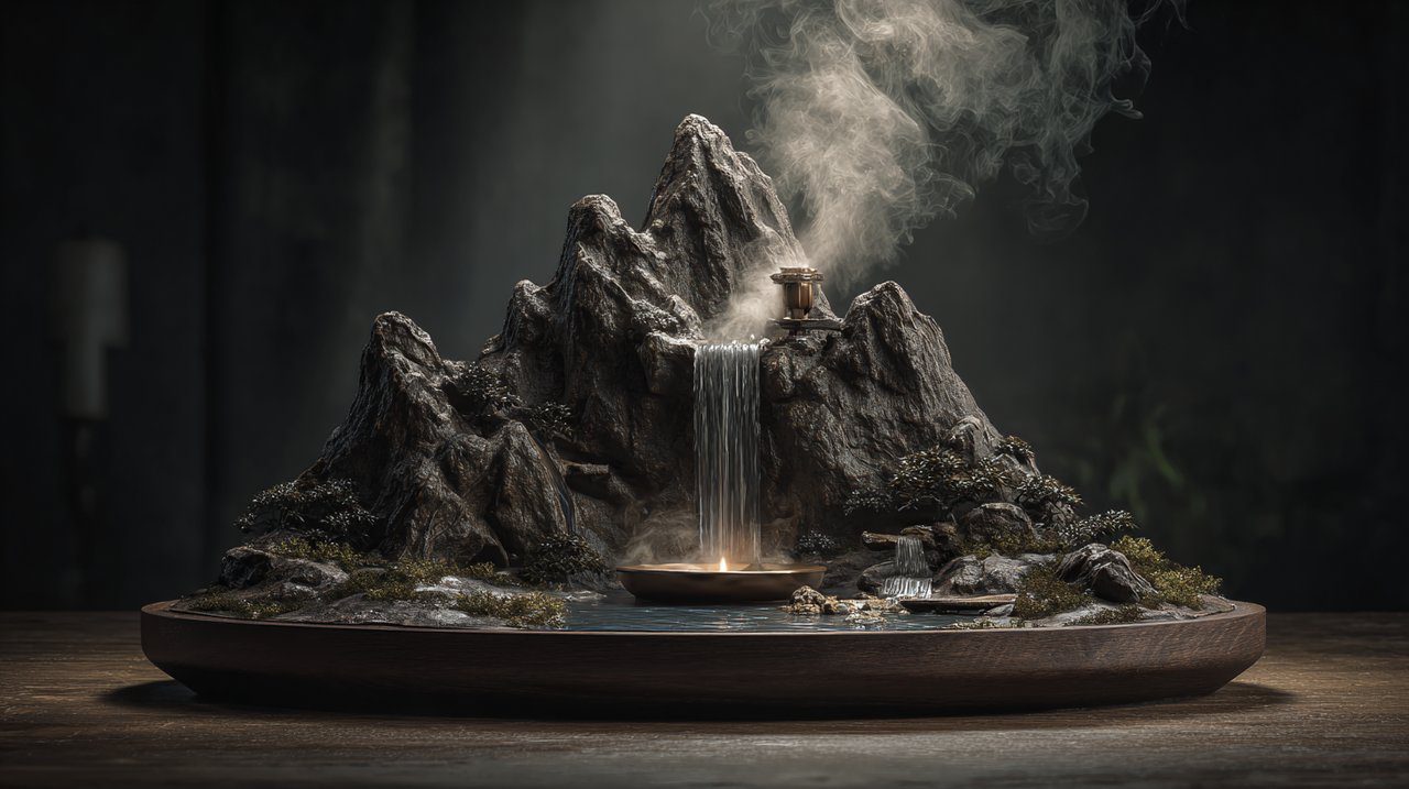 Backflow incense burner with smoke flowing like a waterfall.
