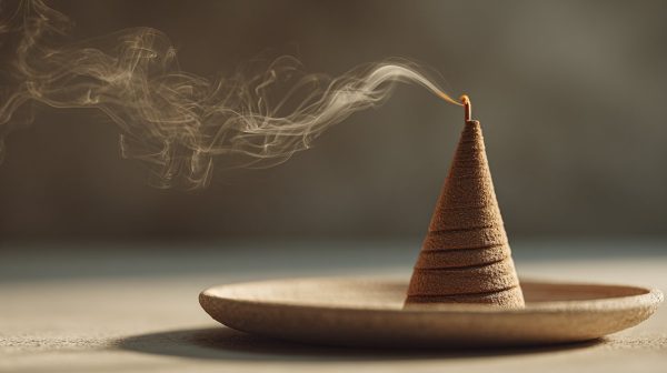 Incienso cónico encendido con humo ascendente.