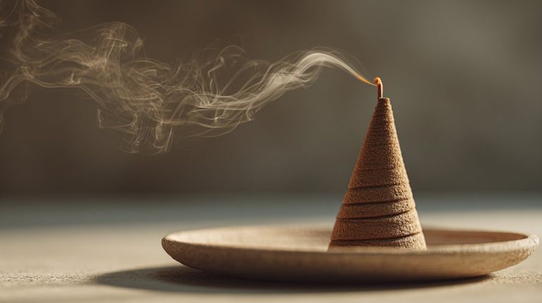 Burning conical incense with smoke rising.