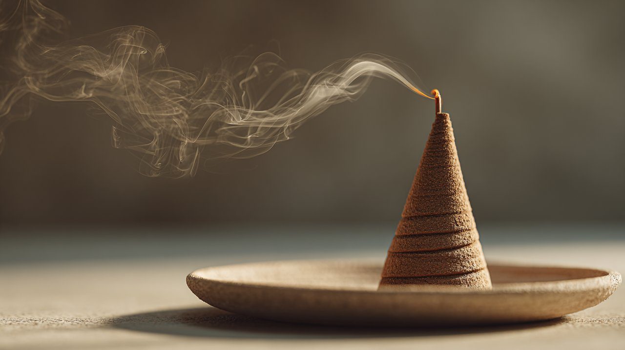 Burning conical incense with smoke rising.