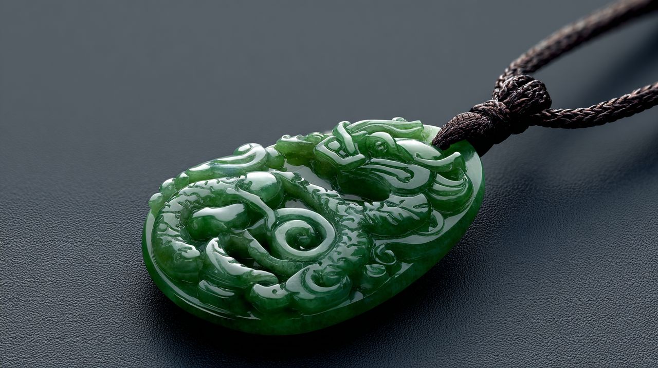 Un colgante de jade pulido con un intrincado tallado.