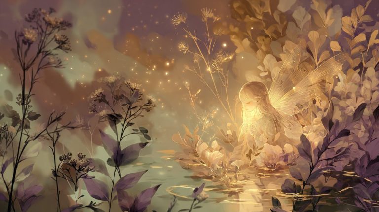 A serene image of a glowing amethyst crystal radiating soft, healing light, nestled among lush, organic plants and calm water, embodying inner peace and intuitive guidance.