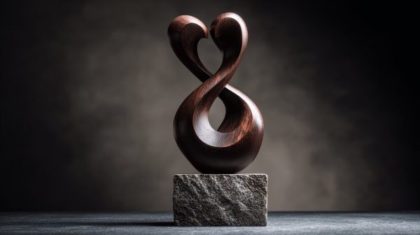 A hand-carved wooden sculpture depicting abstract, intertwining forms symbolizing balance and harmony.