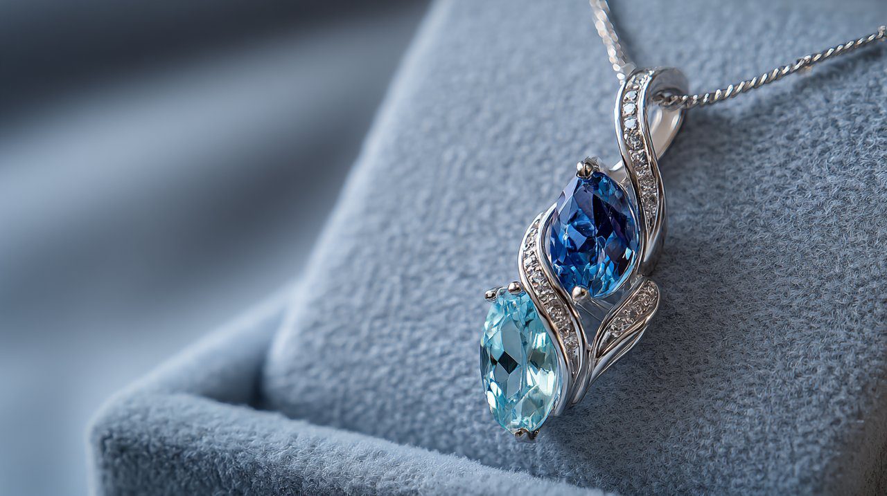 An elegant pendant featuring two intertwined gemstones, symbolizing soul color interplay.