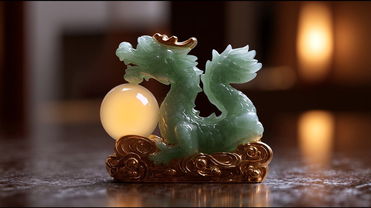 Pingente de dragão de jade segurando uma pérola mística.