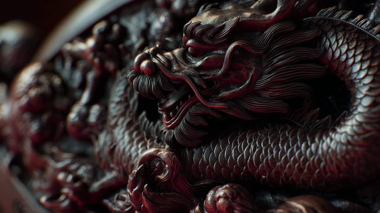 Gravura de dragão imperial de cinco garras em móvel chinês.