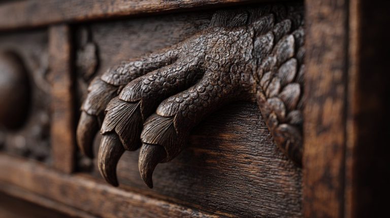 Detail of antique Chinese furniture with carved dragon claws.