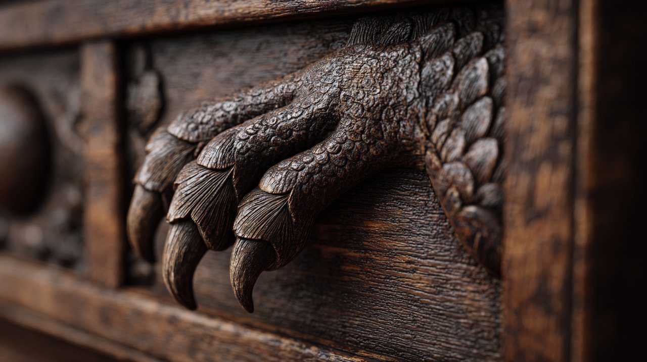 Detalhe de móvel chinês antigo com garras de dragão esculpidas.