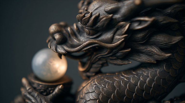 Close-up of a dragon incense burner holding a pearl.