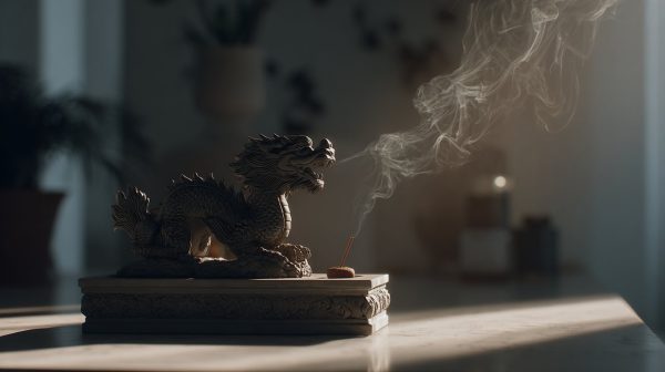 Quemador de incienso de dragón con humo aromático ascendente.