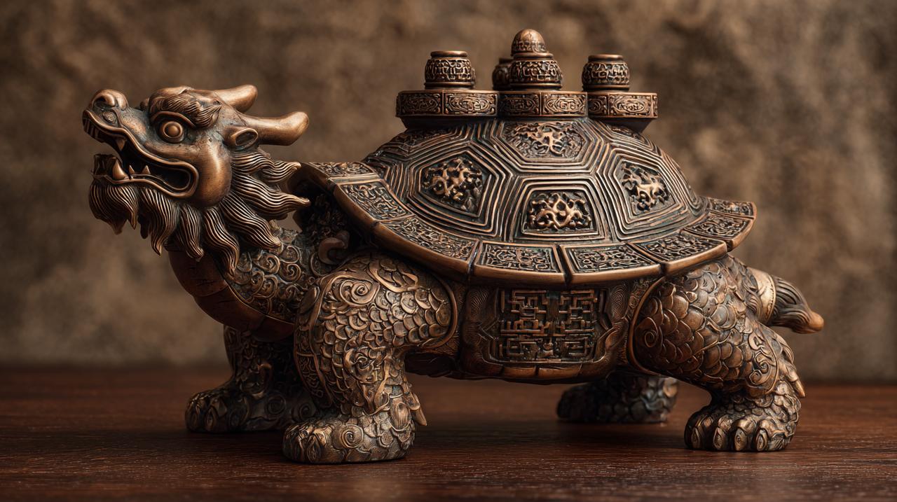 An ornate bronze Dragon Turtle statuette, a symbol of stability and power.
