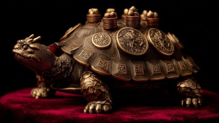 A golden Dragon Turtle figurine carrying coins and ingots, representing wealth attraction.