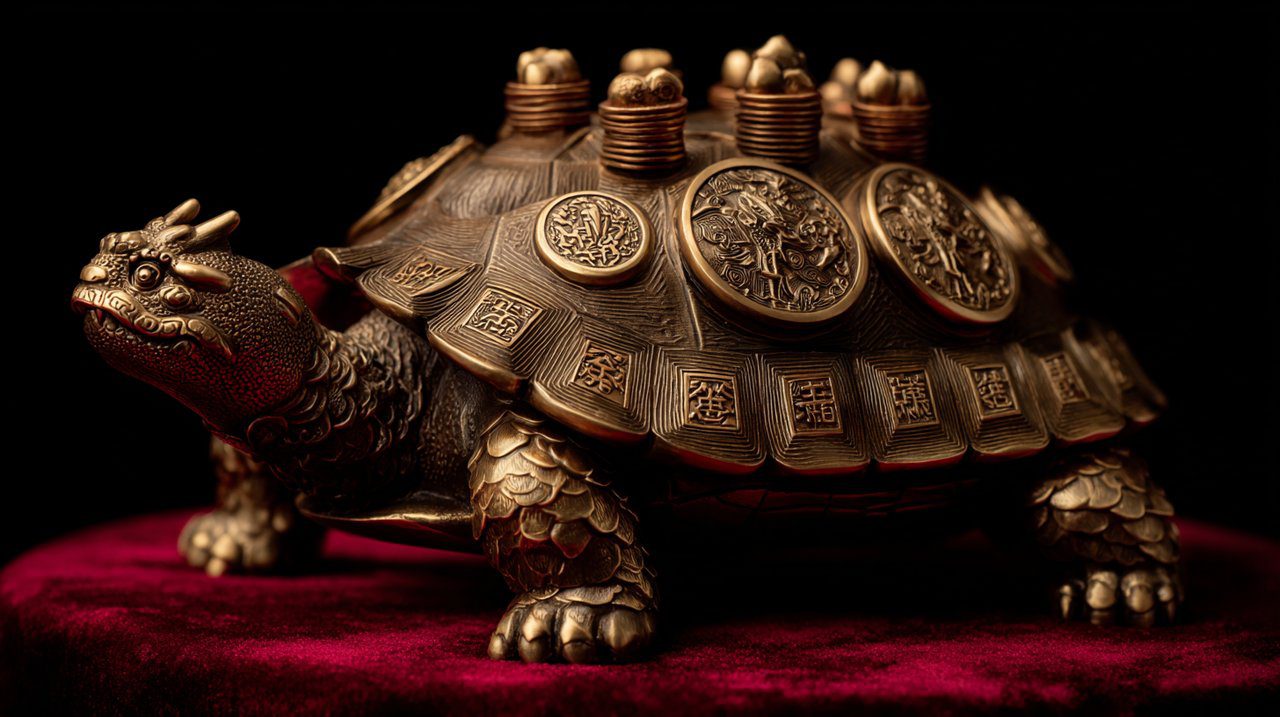 A golden Dragon Turtle figurine carrying coins and ingots, representing wealth attraction.