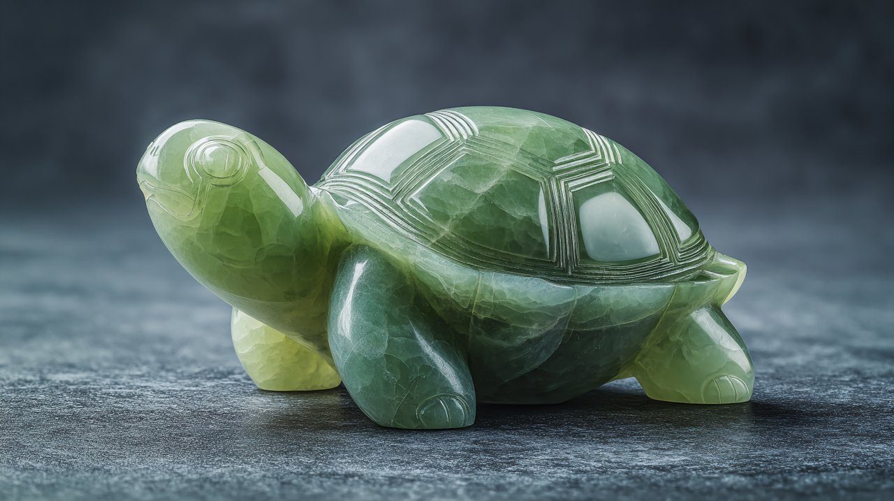 An elegant jade Dragon Turtle carving, symbolizing longevity and protection.