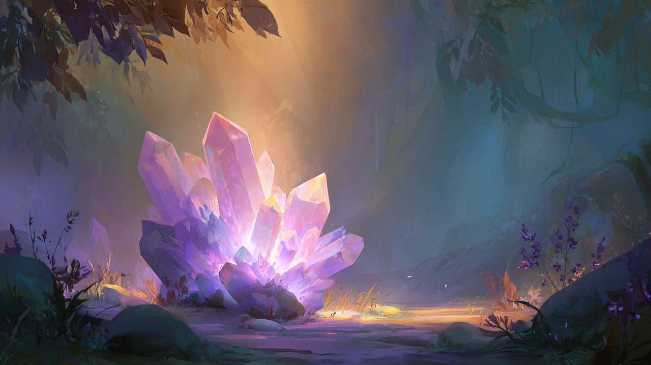 An ethereal dreamscape with a glowing amethyst crystal, symbolizing inner wisdom and guidance from dream interpretation.