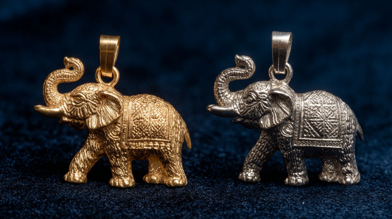 Dois pingentes de elefante, um com a tromba para cima (dourado), outro com a tromba para baixo (prateado).