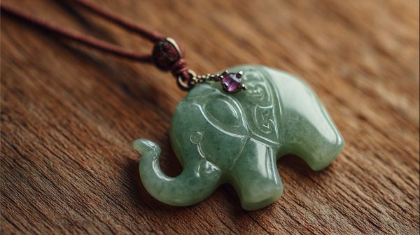 Un colgante de elefante de jade tallado con un acento de amatista, sobre una superficie de madera.