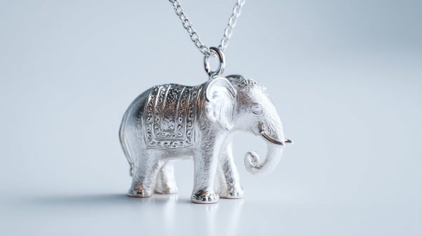 Un exquisito colgante de elefante de plata pulida con detalles intrincados.