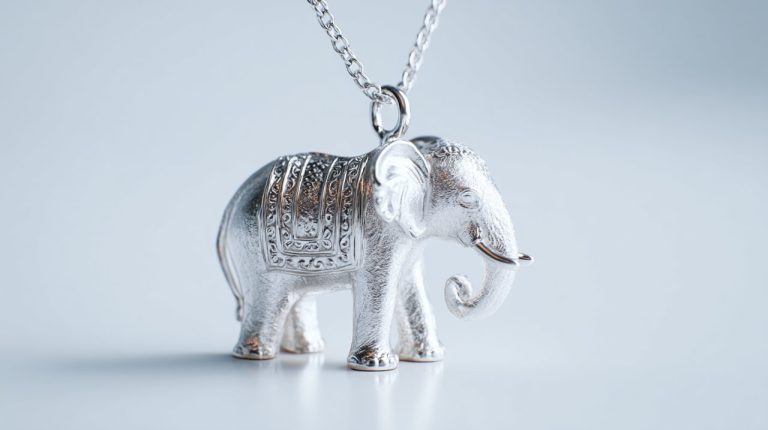 An exquisite polished silver elephant pendant with intricate details.