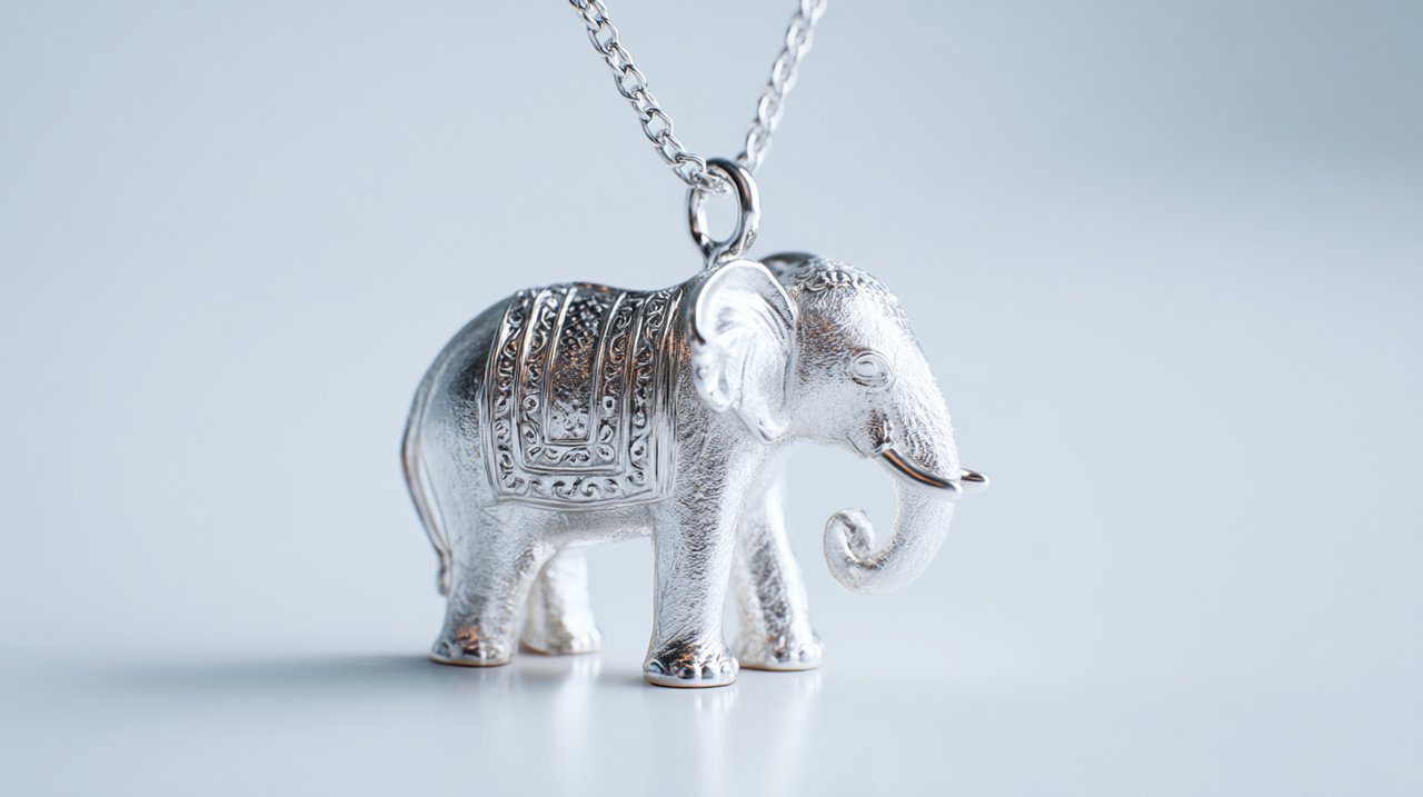 Um requintado pingente de elefante em prata polida com detalhes intrincados.