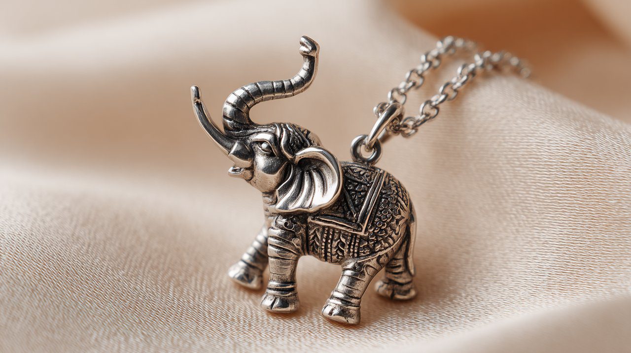 An elephant pendant with its trunk raised, symbolizing good luck.