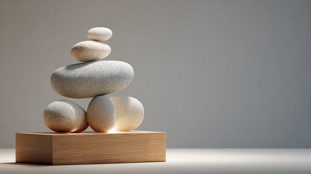 Una escultura de piedra equilibrada que simboliza el orden interior.