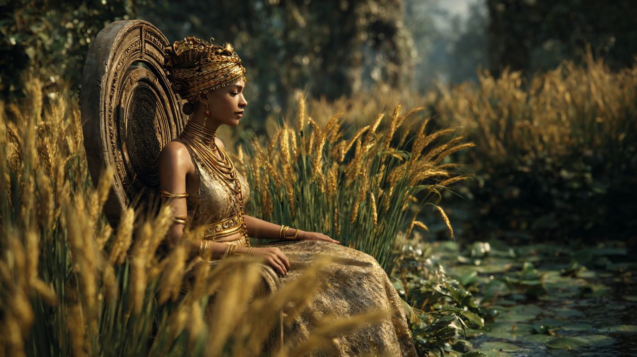 Representación fotorrealista de la carta de La Emperatriz del Tarot en un jardín exuberante.